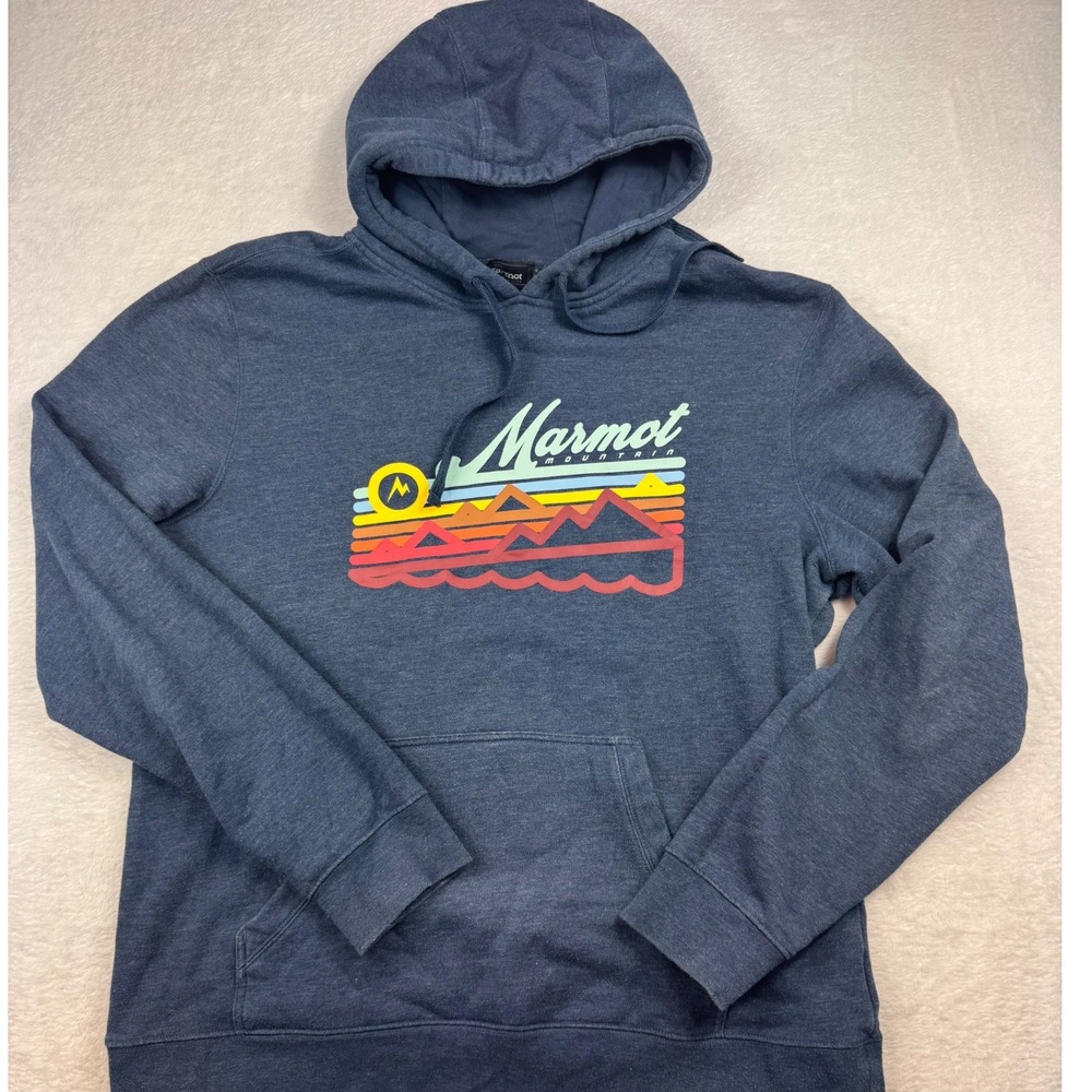 Marmot Mens Mountain Graphic Hoodie Navy Blue Retro Sunset Pullover Large